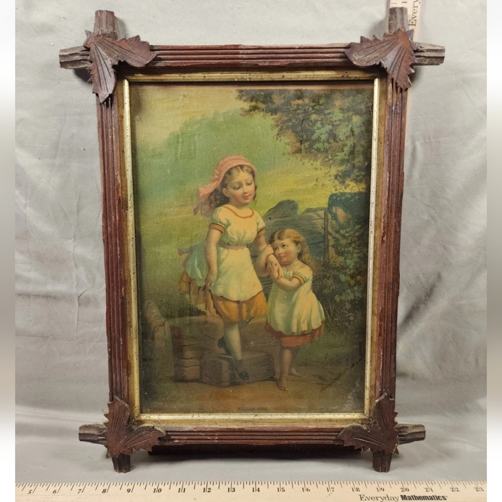 Antique Art Print Country Farm Children Girls Framed